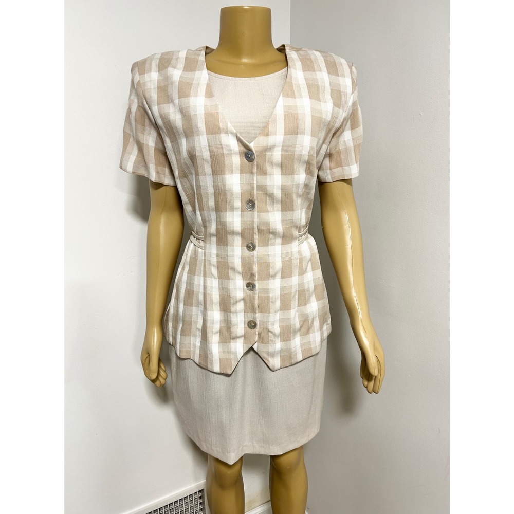 Scarlett International Tan Gingham 2 Piece Dress Set Jacket Sheath 11/12 Medium